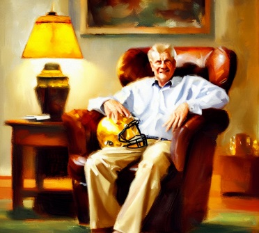 Grandpa in his home with his football helmet
